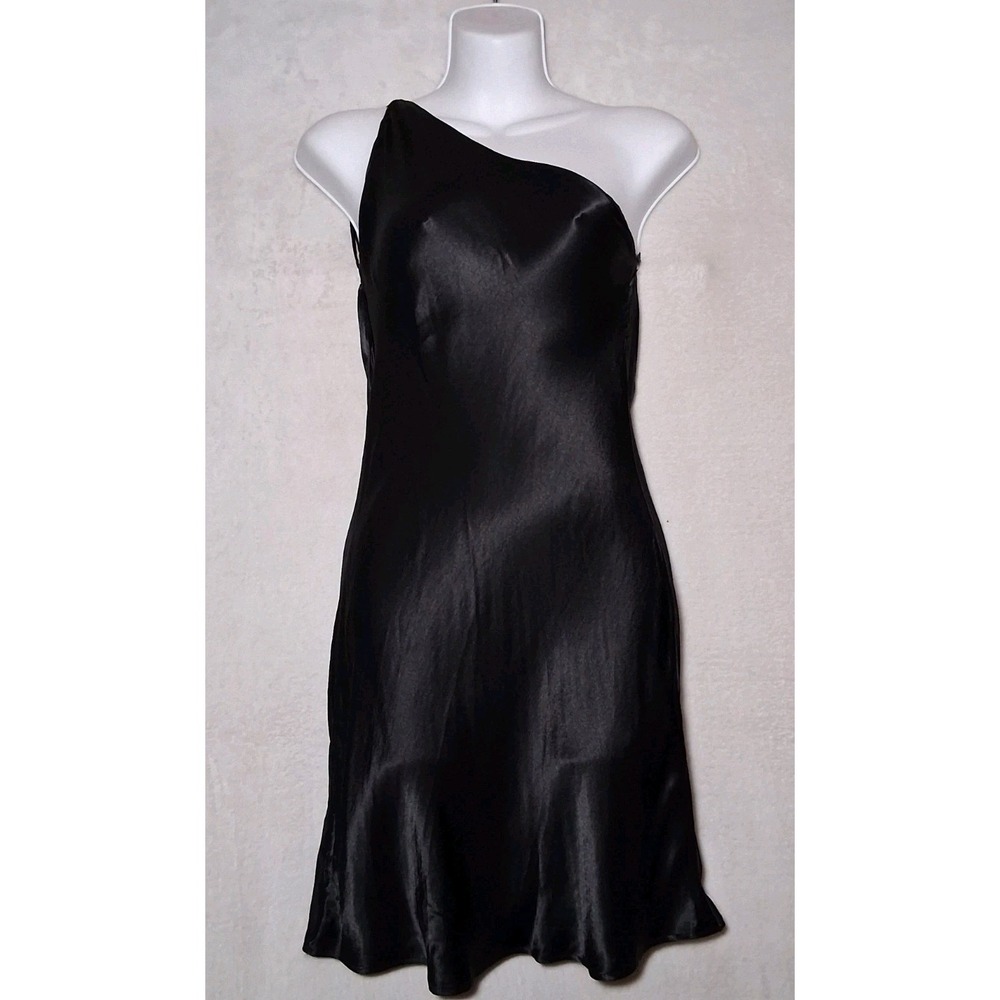 ZARA Black Satin Midi Slip Dress Size Small Backless One Shoulder Strappy